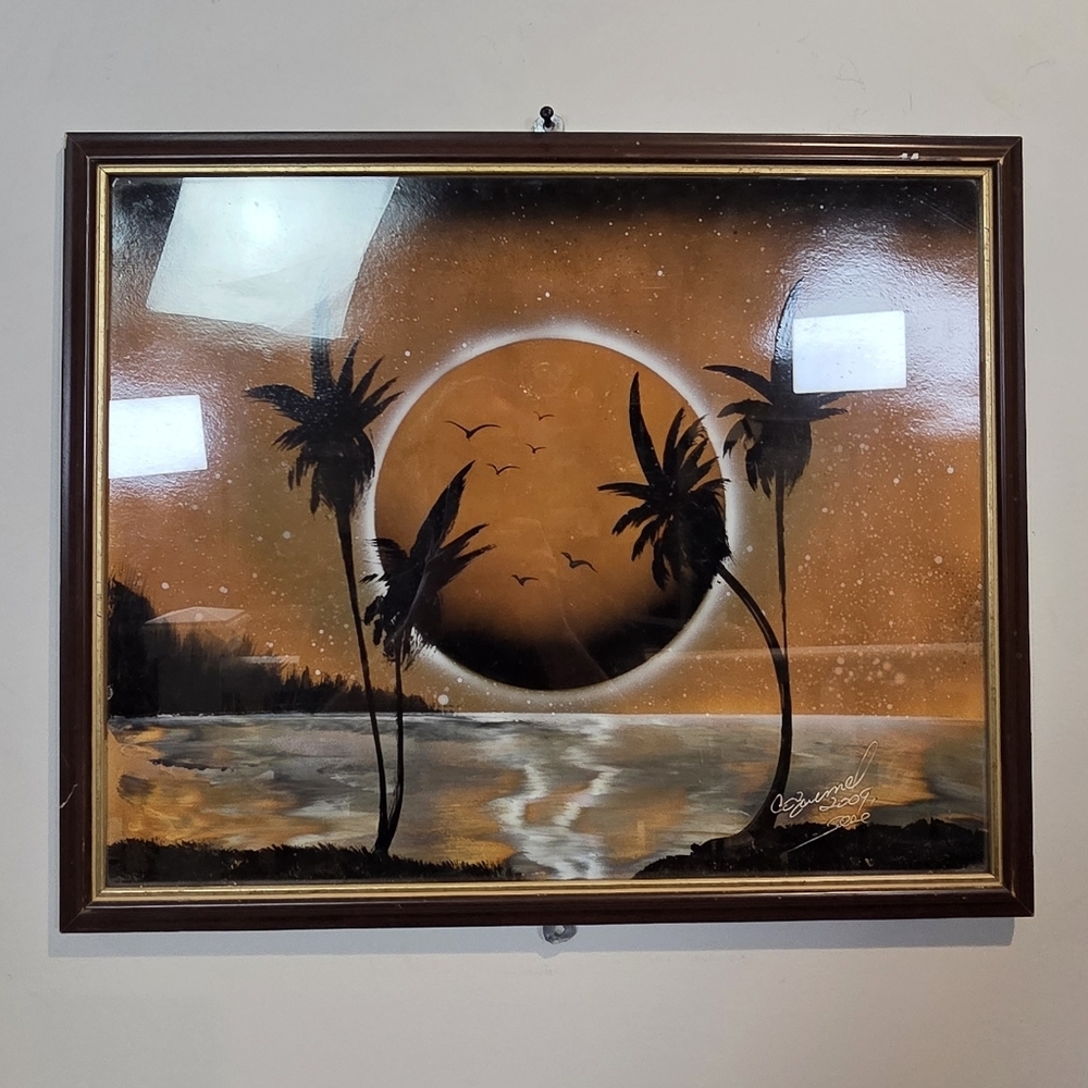 ​Original Cozumel Spray Paint Art | Palm Tree Sunset Beach Scene | Signed 2009